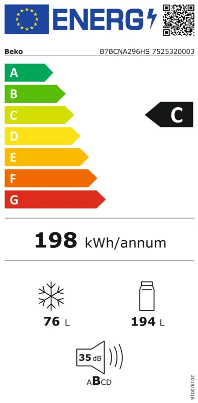 Beko B7BCNA296HS energielabel