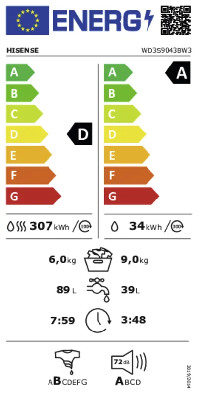 Hisense WD3S9043BW3 energielabel