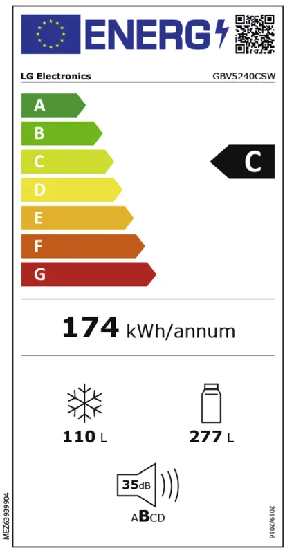 LG GBV5240CSW energielabel